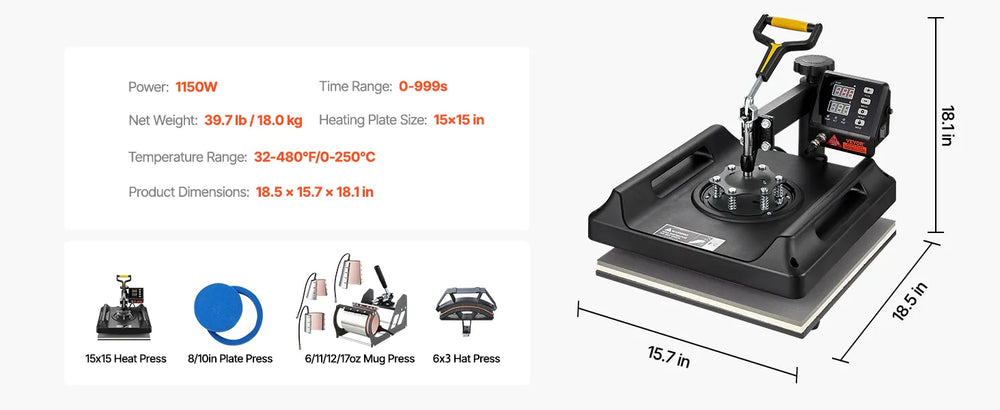 Vevor Heat Press 15" x 15" Sublimation Machine 480°F 1150W 8-in-1 Set New