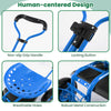 Close-up of the heavy-duty garden cart's ergonomic blue seat, featuring breathable holes and robust metal construction.