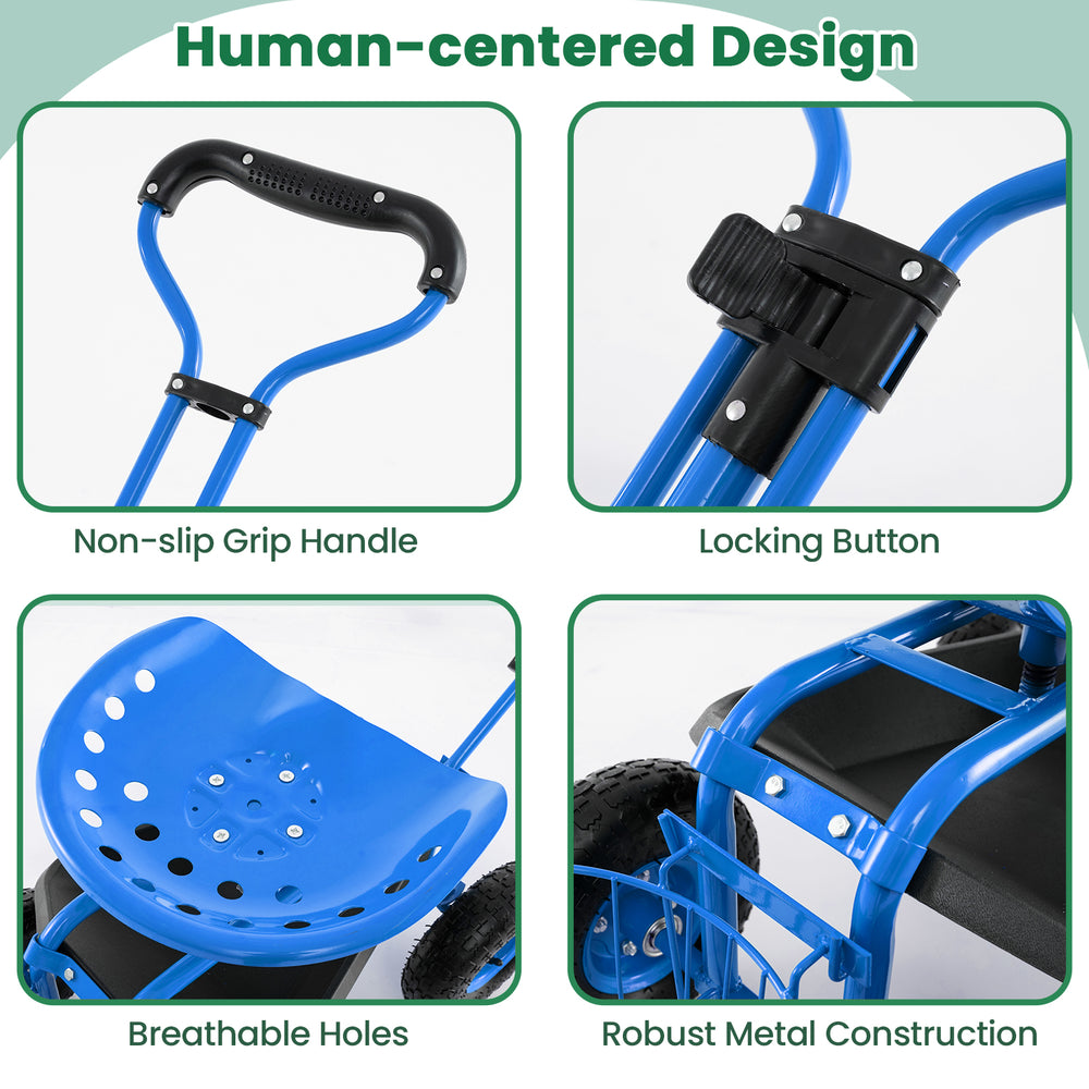 Close-up of the heavy-duty garden cart's ergonomic blue seat, featuring breathable holes and robust metal construction.