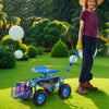 Heavy duty blue garden cart with tool tray and 360 swivel seat, perfect for gardening tasks and outdoor convenience.
