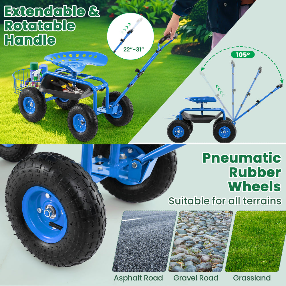 Heavy-duty garden cart with pneumatic rubber wheels, adjustable handle, and tool tray, suitable for all terrains.