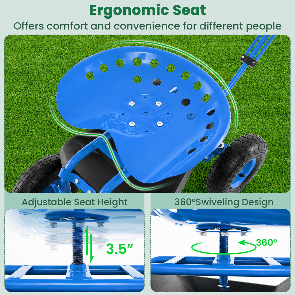 Ergonomic blue seat of the heavy-duty garden cart, featuring adjustable height and 360-degree swivel design for comfort.