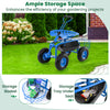 Heavy duty blue garden cart featuring a tool tray under the seat and a storage basket for convenient gardening.