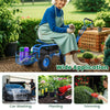 Heavy duty garden cart with tool tray and 360 swivel seat, featuring a sturdy frame and large wheels for easy mobility.
