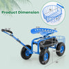 Heavy duty blue garden cart with tool tray, 360 swivel seat, and large inflatable wheels for easy maneuverability.