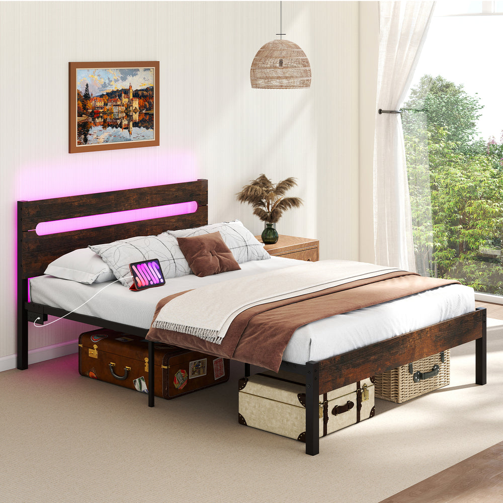 Heavy-Duty Metal Slats Support Bed Platform with Charging Station-Rustic Brown - Gallery View 1 of 9