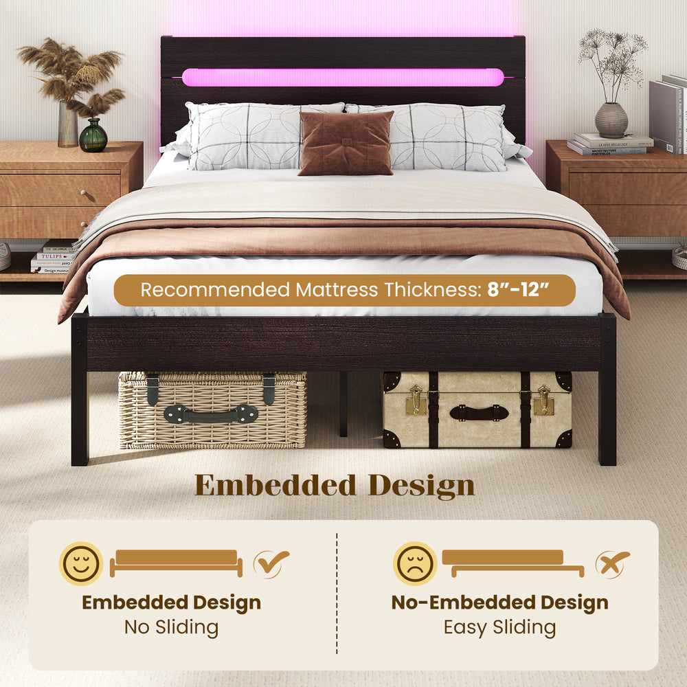 Heavy-duty metal slats support bed platform with embedded design, suitable for 8"-10" mattresses, featuring a charging.