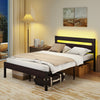 Heavy-duty metal slats support bed platform in walnut finish with built-in charging station, ideal for full-size.