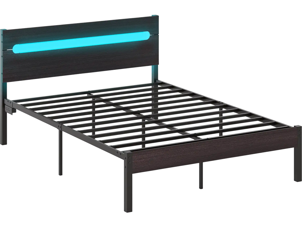 Heavy-duty metal bed platform with adjustable colors, built-in charging station, and 12.5 inches under-bed clearance.