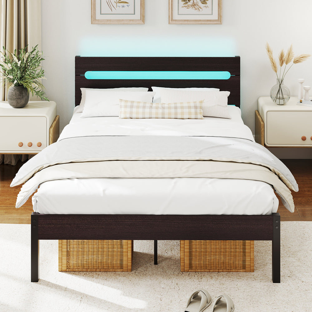 Heavy-duty metal slats bed platform with charging station, featuring adjustable LED colors and under-bed storage space.