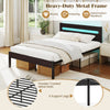 Heavy-duty metal bed platform with powder-coated slats, built-in charging station, and 12.5 inches under-bed clearance.