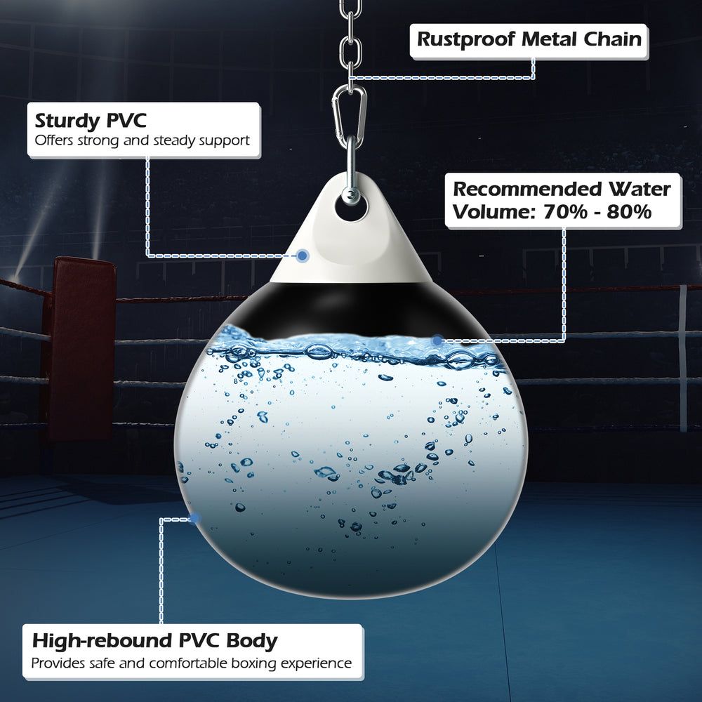 18-inch heavy punching water aqua bag with adjustable metal chain, made of durable PVC for home and gym use.