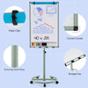 Height-adjustable mobile whiteboard with round stand, paper clips, and storage tray, ideal for presentations and.