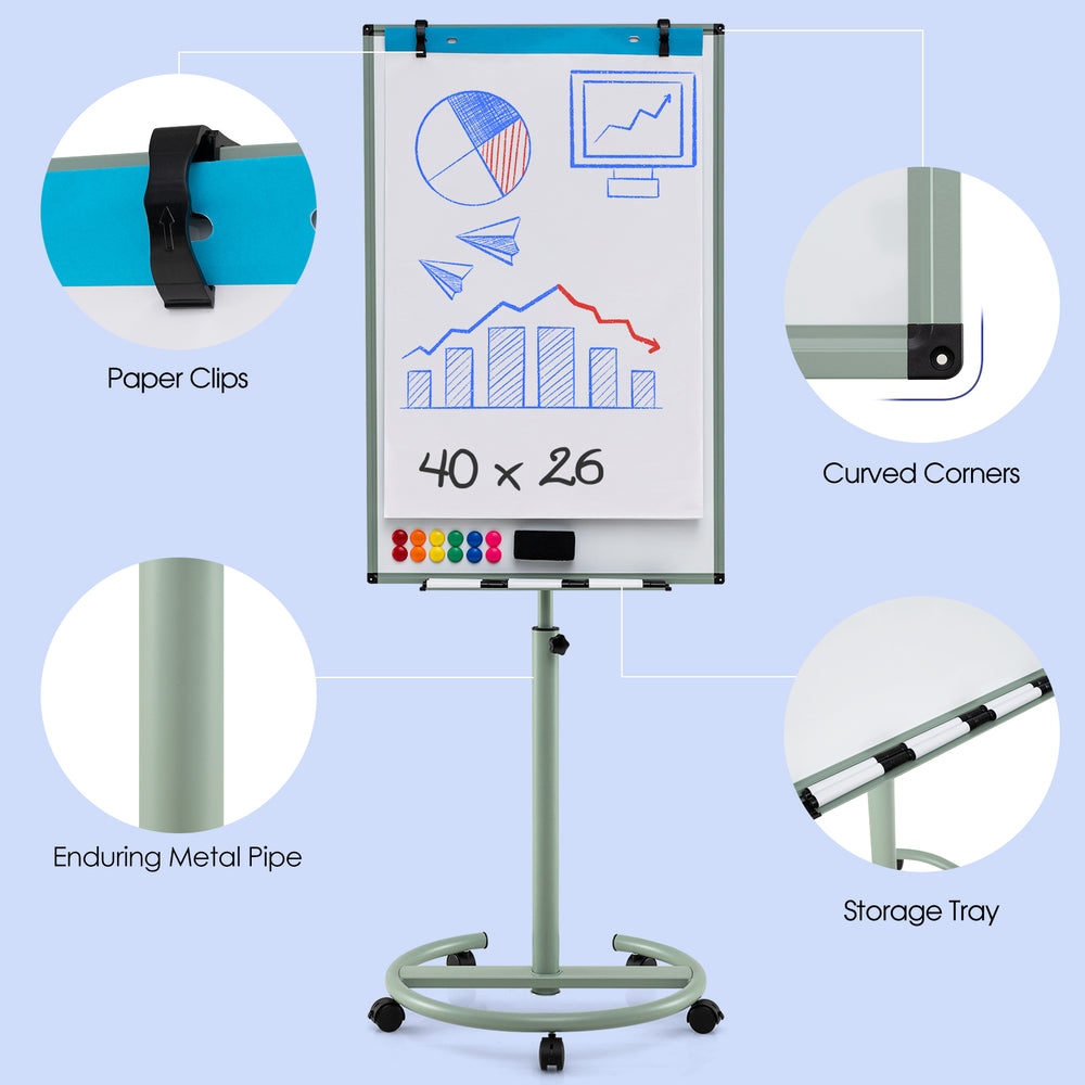 Height-adjustable mobile whiteboard with round stand, paper clips, and storage tray, ideal for presentations and.