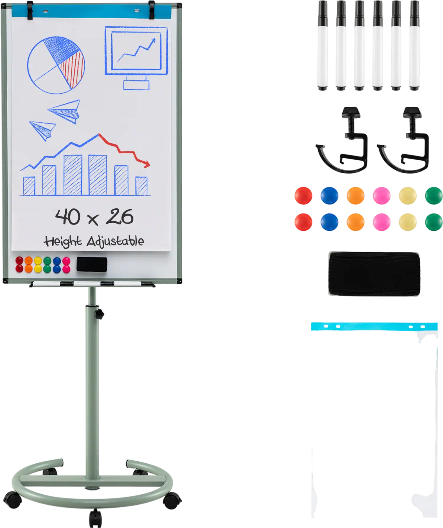 Costway Height-Adjustable Mobile Whiteboard Round Stand Paper Clips 28513469 New