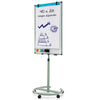 Height-adjustable mobile whiteboard with round stand, 40x26 inches, ideal for presentations and teaching activities.