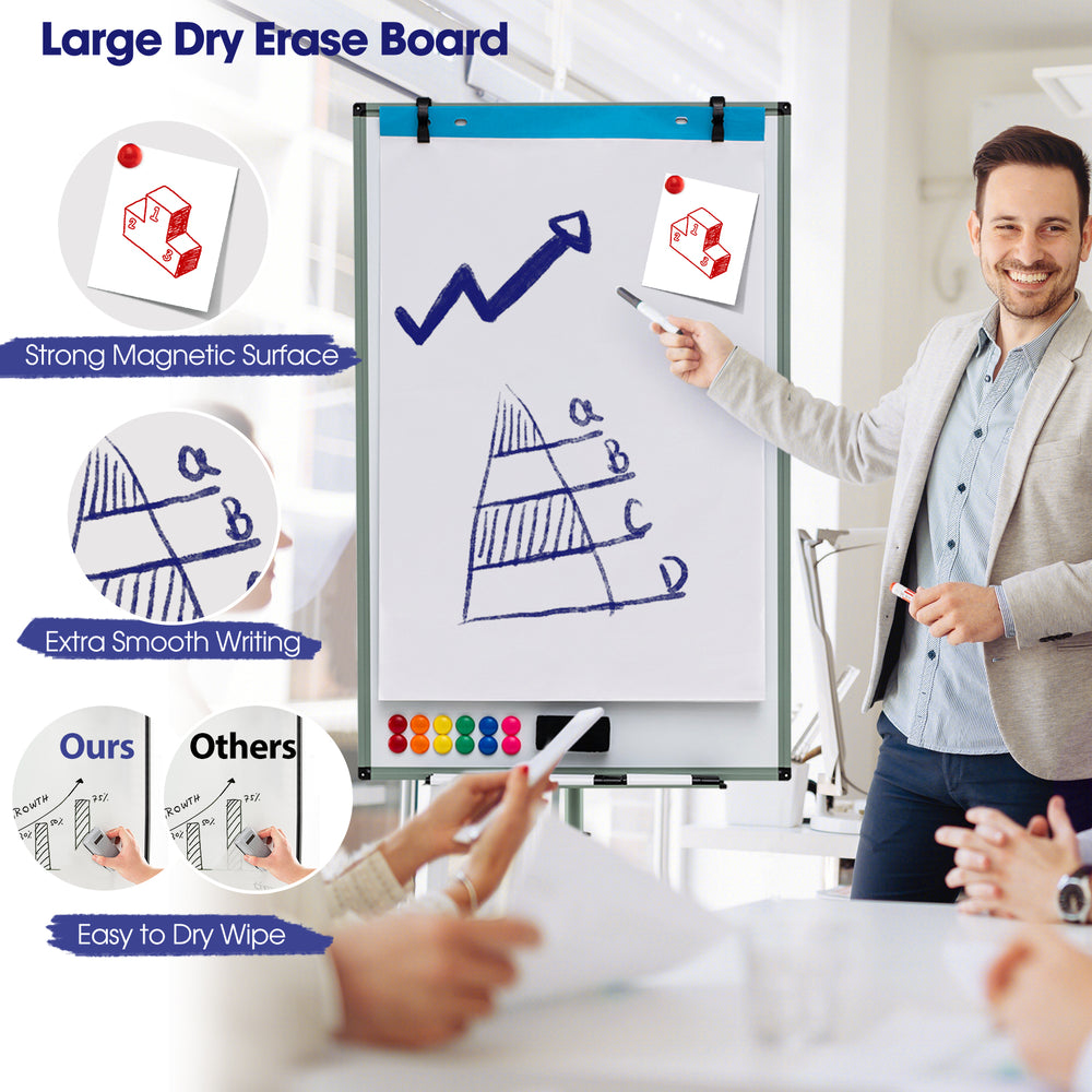 Height-adjustable mobile whiteboard with round stand, featuring a large magnetic surface for easy writing and erasing.