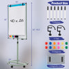 Height-adjustable mobile whiteboard with round stand, 40x26 inches, includes 12 magnets and 6 markers for versatile use.