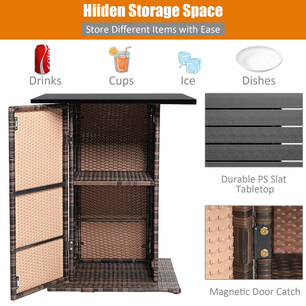 Patio rattan bar table with hidden storage, durable PS slat top, ideal for outdoor use by poolside or patio.