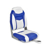 High back folding boat seat in blue and white with soft sponge cushion and aluminum hinges for outdoor use.