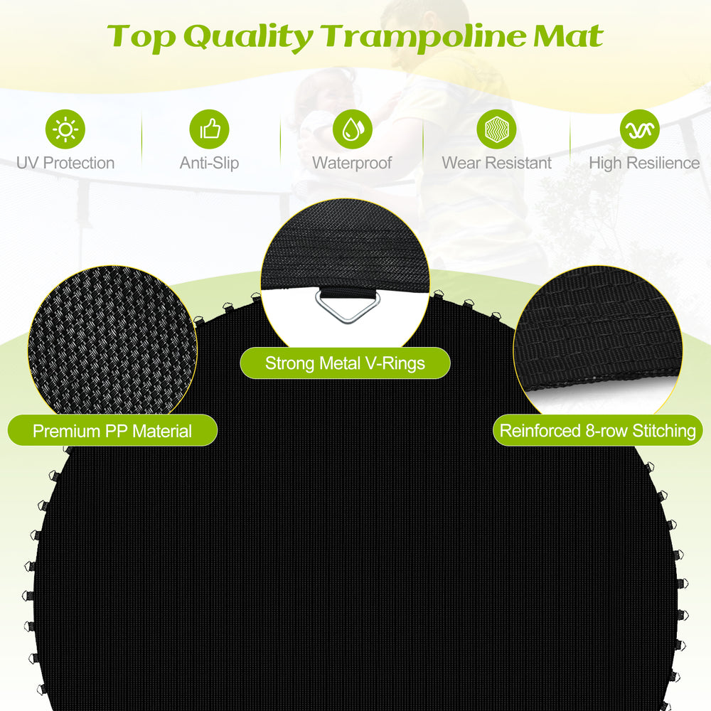 High-elastic PP trampoline mat with reinforced 8-row stitching, designed for durability and outdoor weather resistance.