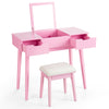Pink makeup vanity table set with flip top mirror, 2 drawers, and padded stool for stylish bedroom storage.