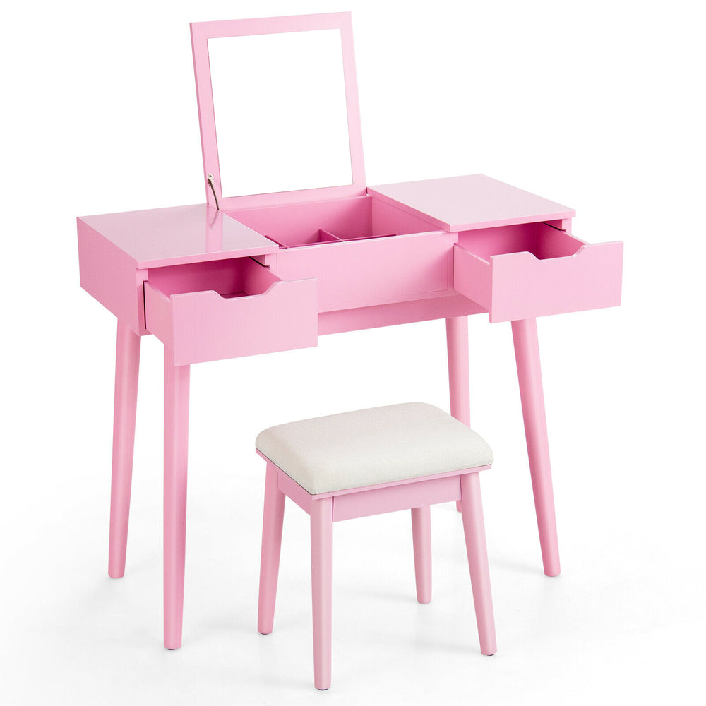Pink makeup vanity table set with flip top mirror, 2 drawers, and padded stool for stylish bedroom storage.