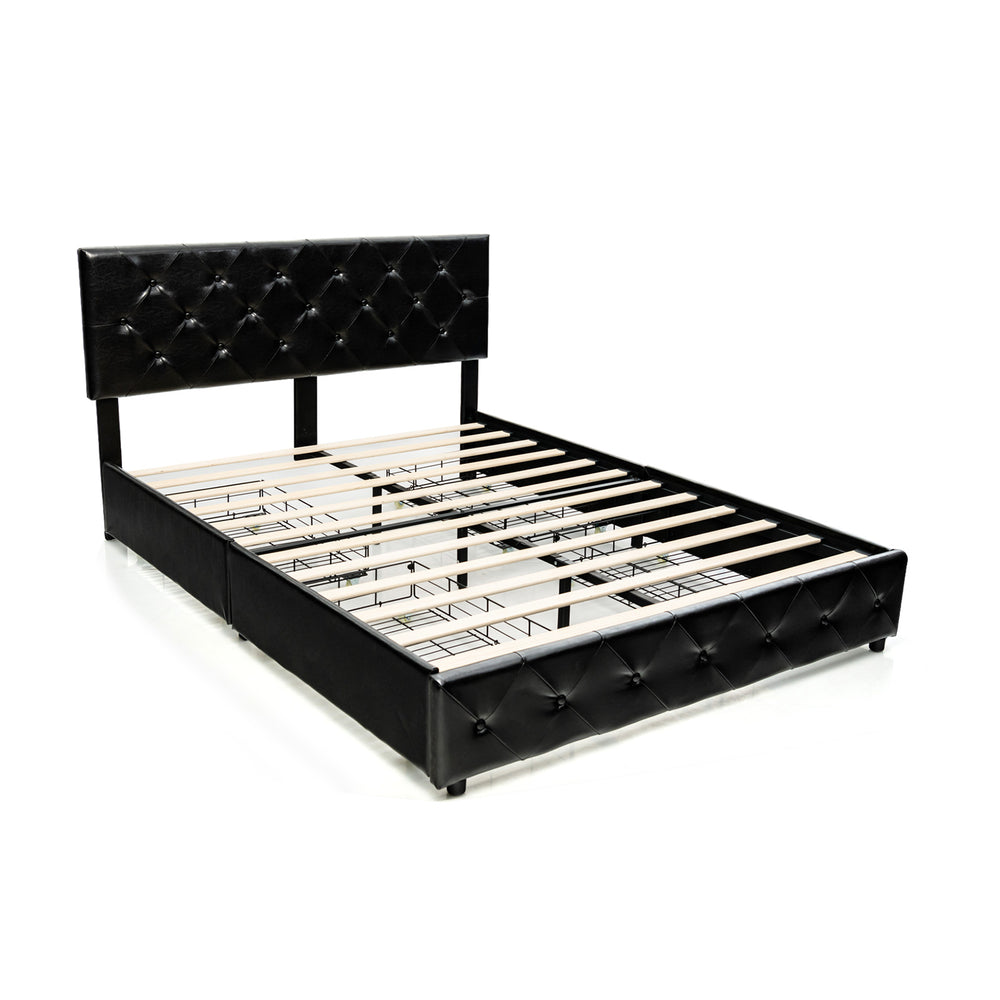 Full/Queen PU leather upholstered platform bed with button tufted headboard and 4 storage drawers for efficient.