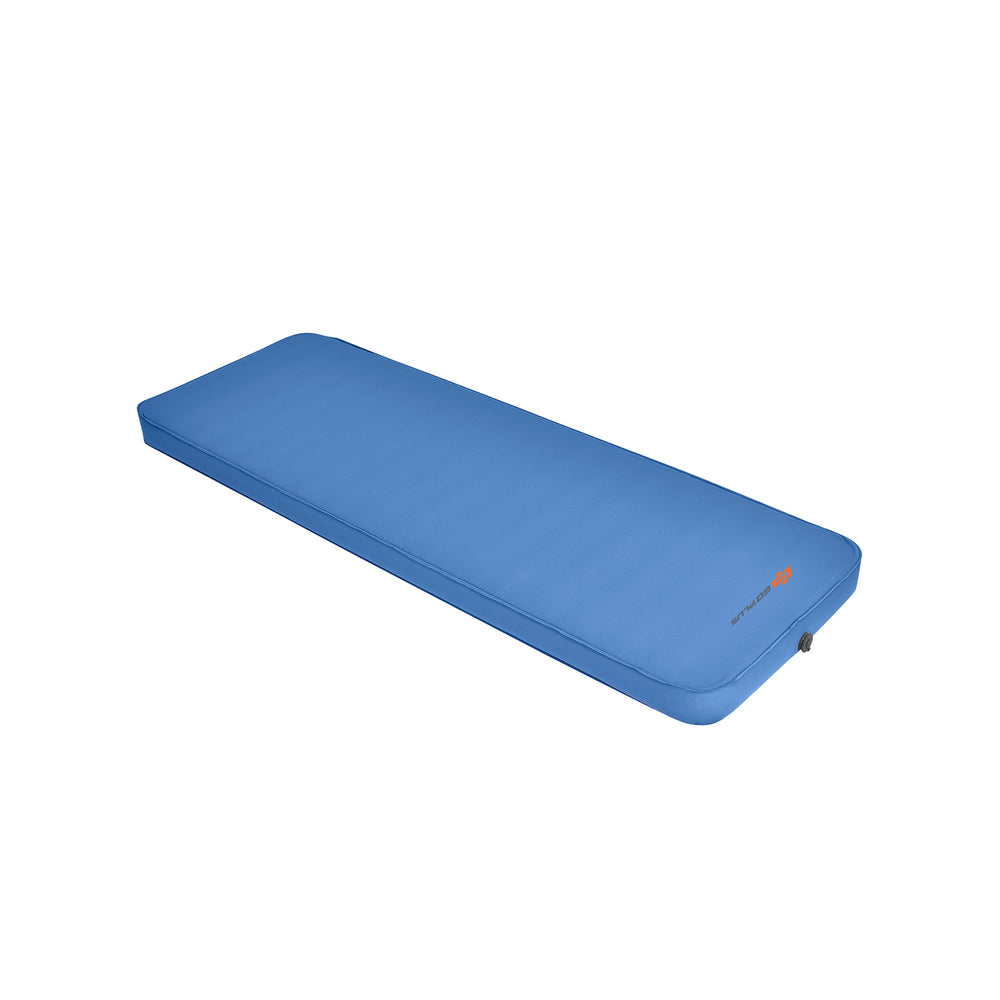 Self-inflating blue camping sleeping mattress with breathable TPU cover, ideal for outdoor activities and easy storage.