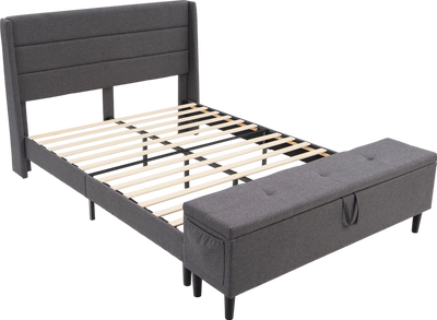Costway Full Size Upholstered Bed Frame with Headboard & Storage Ottoman New