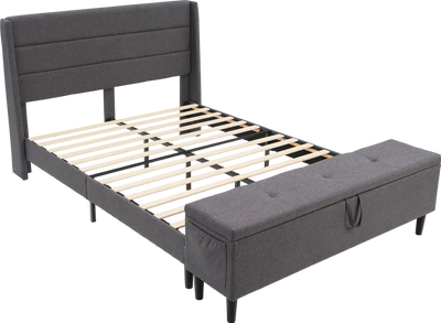 Costway Full Size Upholstered Bed Frame with Headboard & Storage Ottoman New