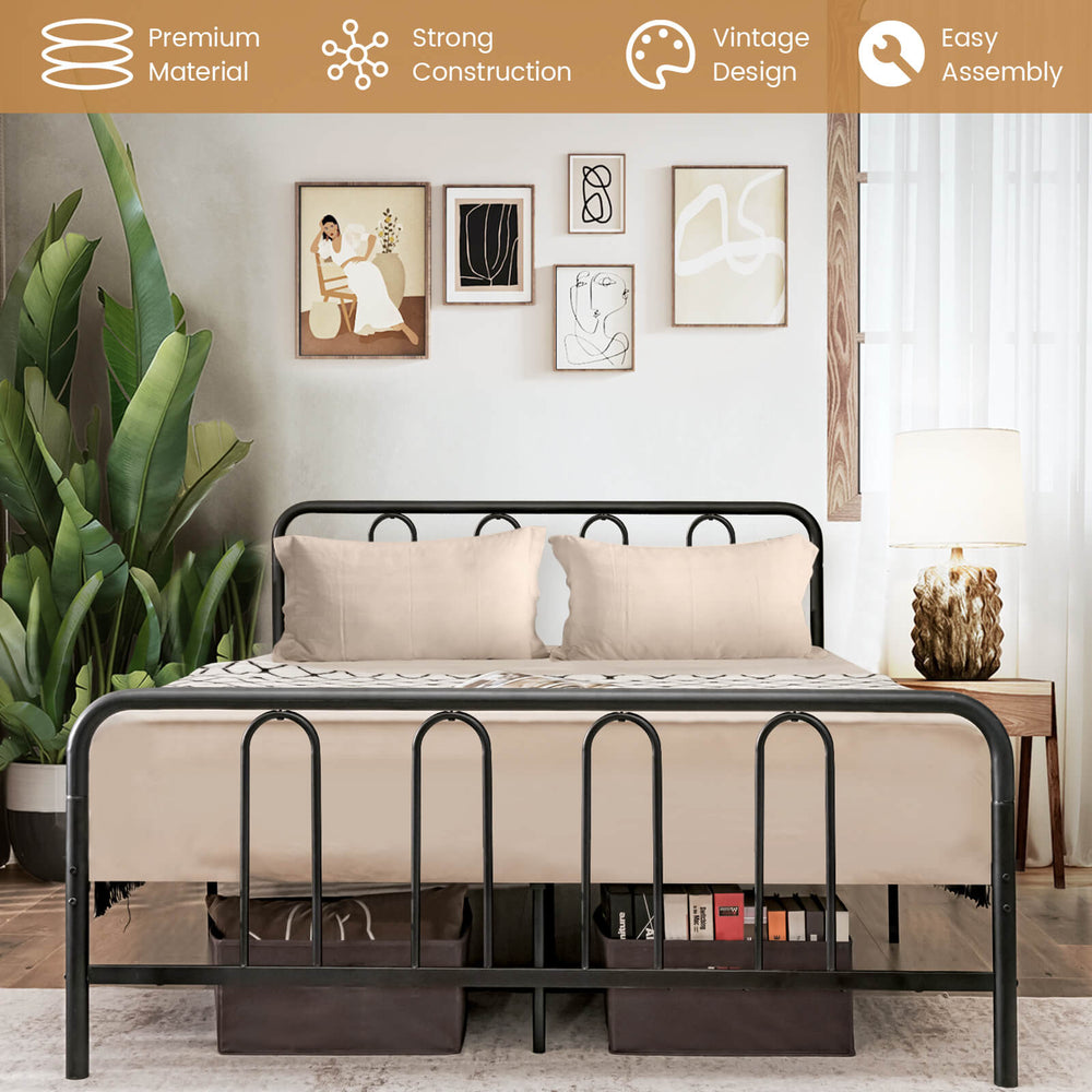 Full/Queen size metal bed frame with headboard and footboard, rustproof finish, spacious under-bed storage for tidy.