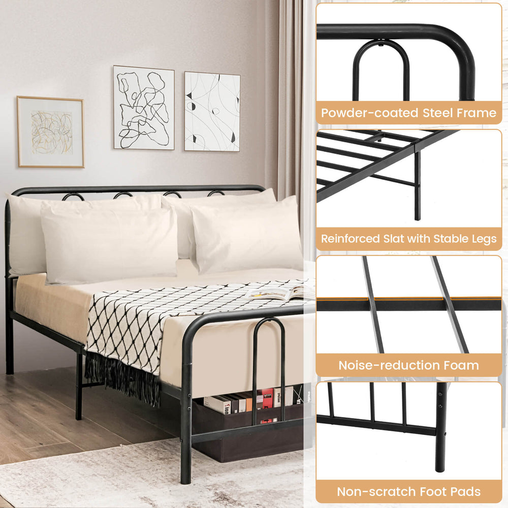 Full size metal bed frame with headboard and footboard, featuring a rustproof finish and under-bed storage for tidy.