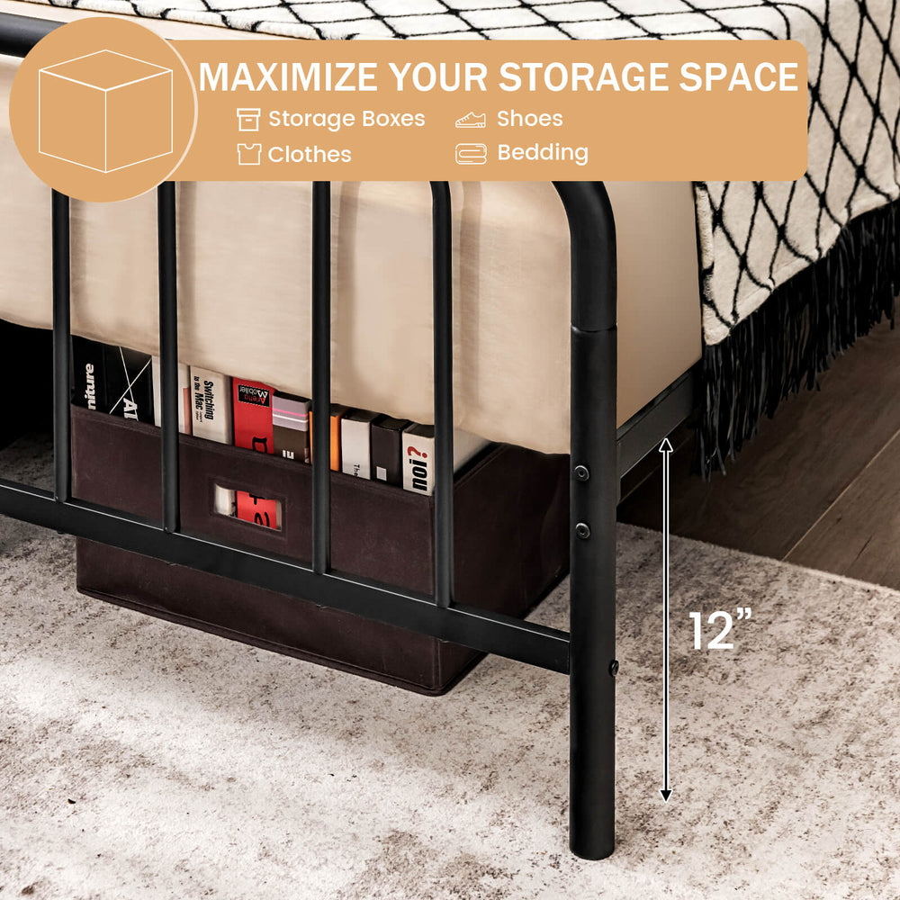 Full/Queen size metal bed frame with headboard, featuring 12" storage space underneath for shoes and storage boxes.
