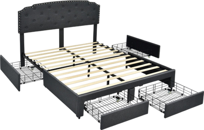 Costway Bed Frame Upholstered with Adjustable Headboard and 4 Storage Drawers New