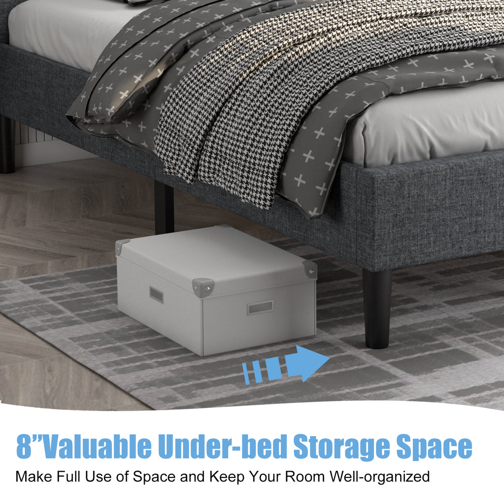 Twin size upholstered bed frame with button tufted headboard and under-bed storage for organized bedroom space.