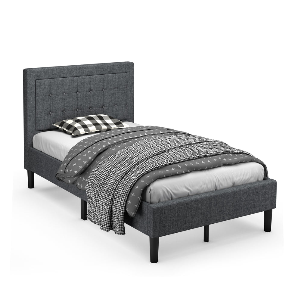Twin size upholstered bed frame with button tufted headboard, gray fabric, perfect for bedrooms or guest rooms.