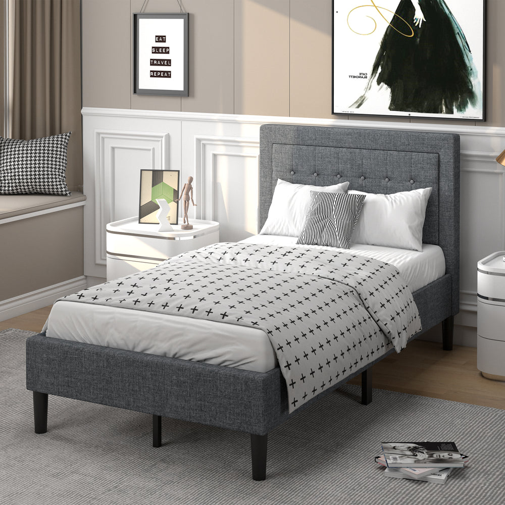 Twin size upholstered bed frame with button tufted headboard, featuring breathable fabric and under-bed storage for.