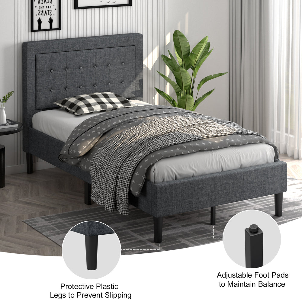 Twin size upholstered bed frame with button tufted headboard, featuring adjustable foot pads for stability and.