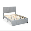 Upholstered full/queen bed frame with adjustable headboard and drawer, featuring solid wooden slats for support.