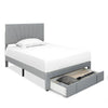 Upholstered full/queen size bed frame in gray with adjustable headboard and pull-out storage drawer for modern bedrooms.