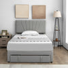 Upholstered full/queen bed frame with adjustable headboard and pull-out drawer, featuring a modern design for any.