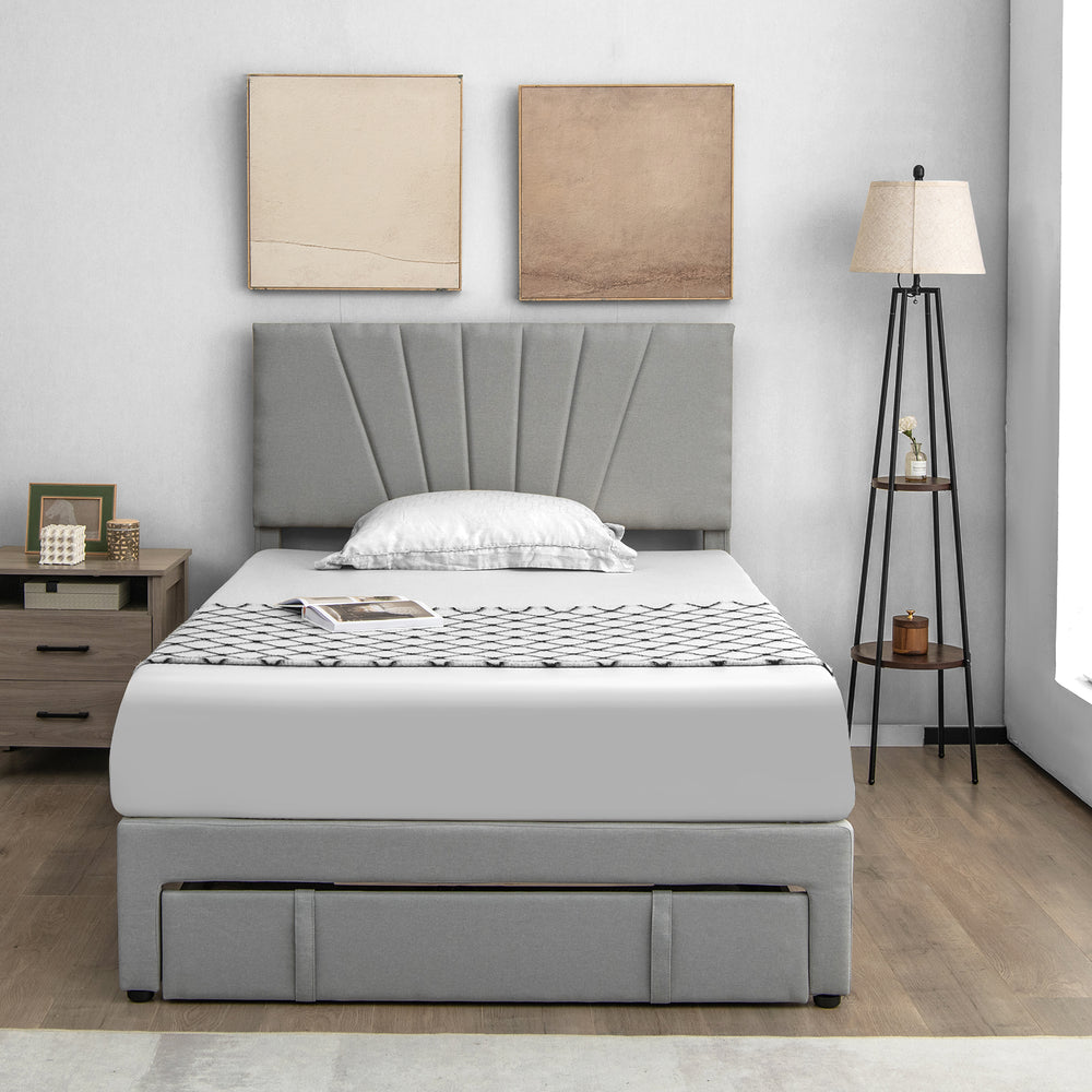 Upholstered full/queen bed frame with adjustable headboard and pull-out drawer, featuring a modern design for any.