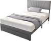 Upholstered full/queen bed frame with adjustable headboard and pull-out drawer, featuring a modern design for versatile.