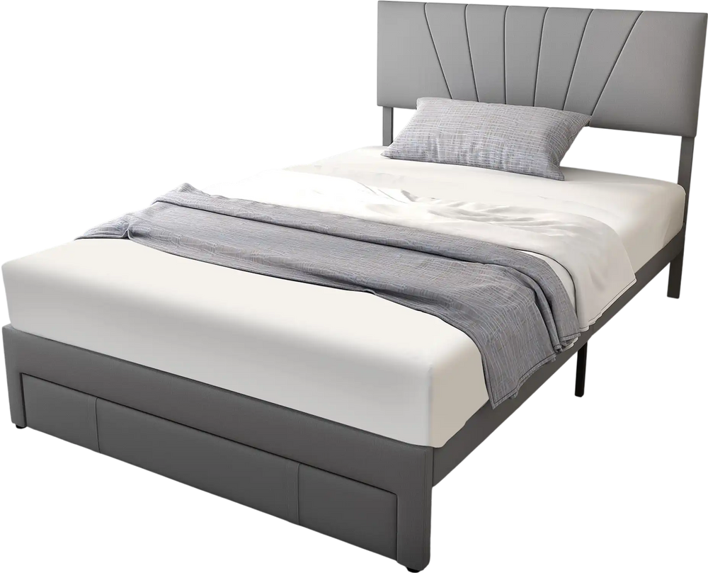 Upholstered full/queen bed frame with adjustable headboard and pull-out drawer, featuring a modern design for versatile.