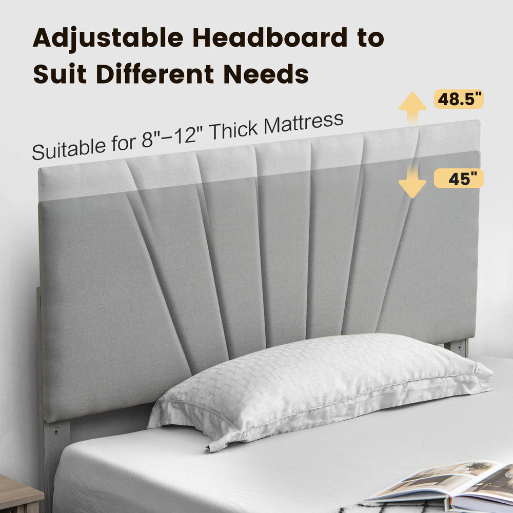 Adjustable upholstered headboard for full/queen bed frame, suitable for 8"-12" thick mattresses, with modern design.