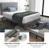 Full/Queen size upholstered bed frame with large slide-out drawer and adjustable headboard for modern bedroom storage.