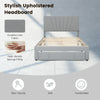 Full/Queen size upholstered bed frame with adjustable linen headboard and large pull-out drawer for convenient storage.