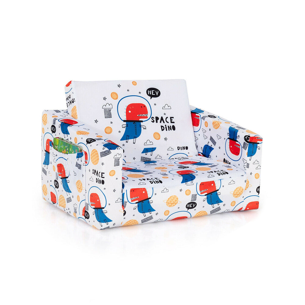 Convertible kids sofa with cartoon pattern, velvet fabric, and side pockets for snacks, perfect for playrooms and.