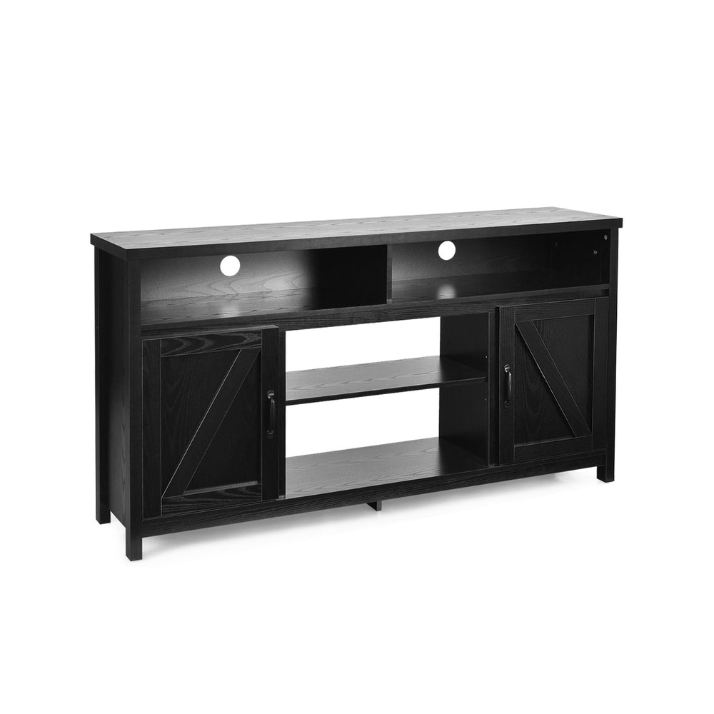 Black 59-inch TV stand with barn doors, open compartments, and cable management holes for organized living spaces.